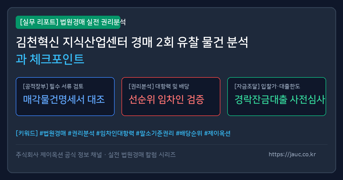 김천혁신 지식산업센터 경매 분석 및 체크포인트를 정리한 인포그래픽 그래픽
