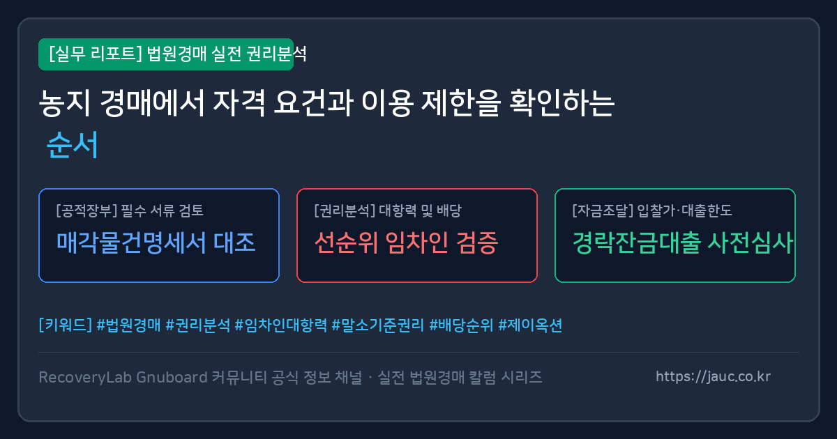 농지 경매 자격 요건과 이용 제한 확인 순서를 정리한 체크리스트 이미지
