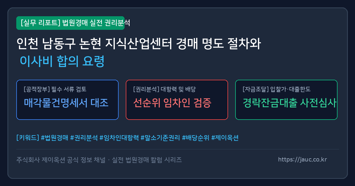 인천 남동구 논현 지식산업센터 경매 명도 절차 및 이사비 합의 요령 요약 그래픽