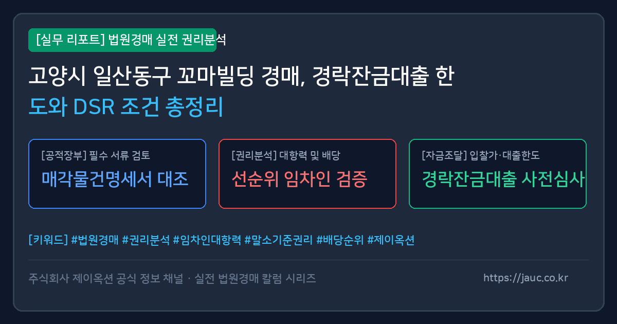 일산동구 꼬마빌딩 경매 경락잔금대출 한도 및 DSR 조건 요약 인포그래픽
