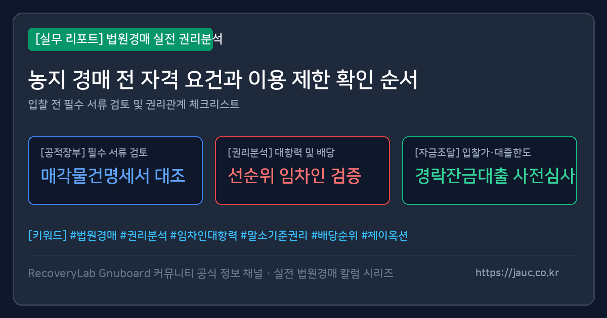 농지 경매 자격 요건과 이용 제한 확인 순서 체크리스트 그래픽