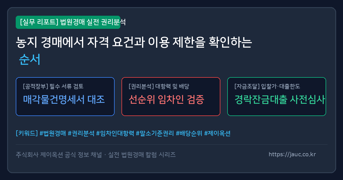 농지 경매 자격 요건과 이용 제한 확인 순서를 정리한 체크리스트 그래픽