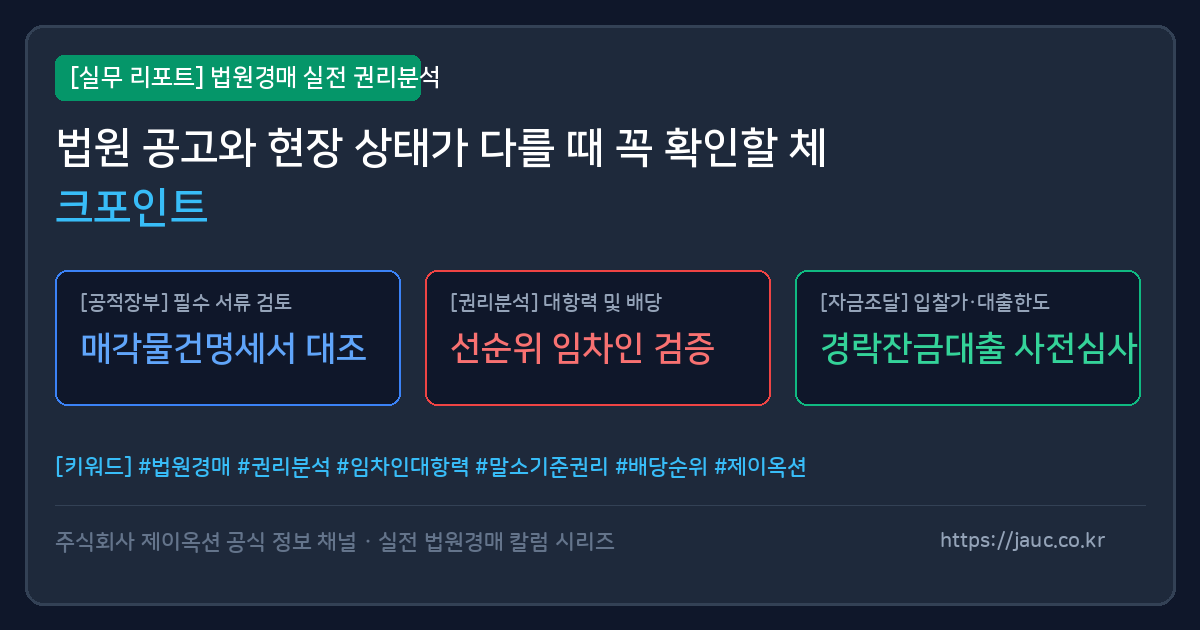 법원경매 공고와 현장 차이 확인 체크리스트 인포그래픽